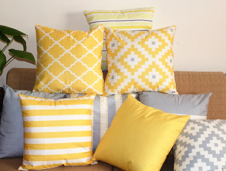 Double Side Print Pillow Cover Yellow Grey Geometric Cushion Cover