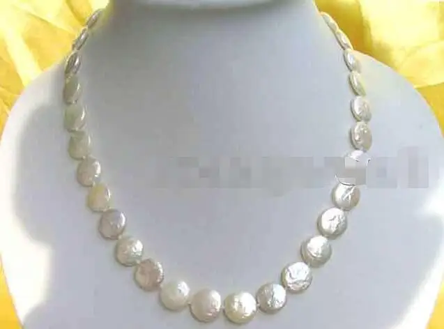 

FREE SHIPPING HOT sell new Style >>>>SALE Big 11-12mm WHITE Natural freshwater COIN shape PEARL 17" NECKLACE