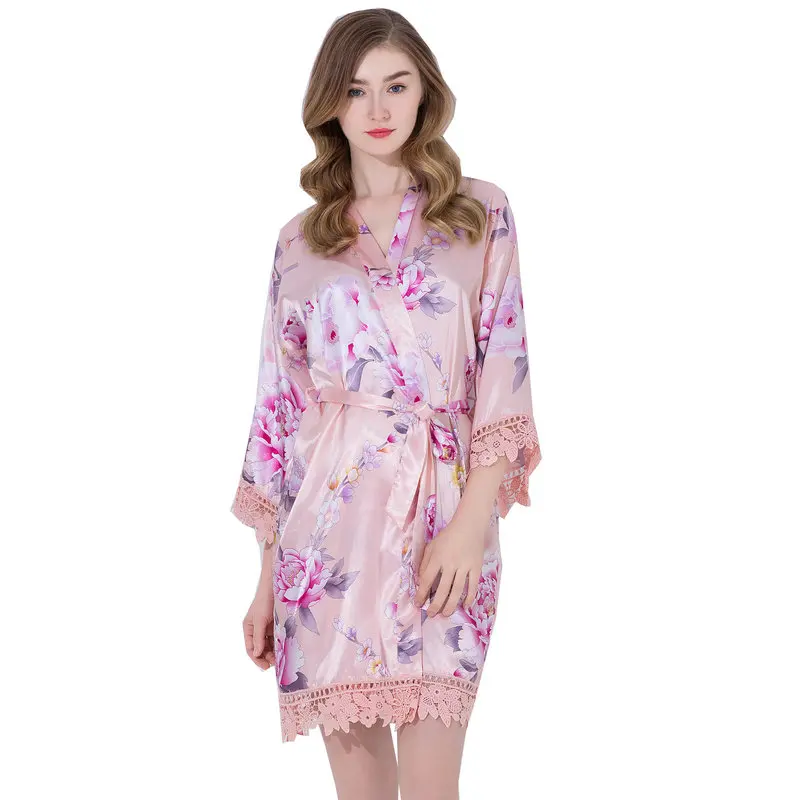 2018 Women silk satin floral lace trim robe Wedding bridal bridesmaid robes UKin Robes from