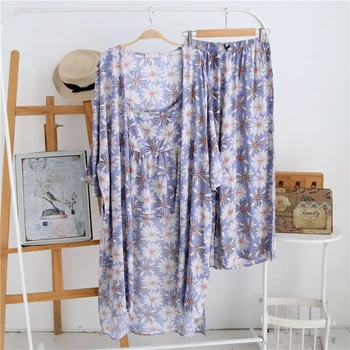 

New three - piece pajamas women spring autumn long - sleeved cotton printing chrysanthemum 100%cotton clothes suits 6 color