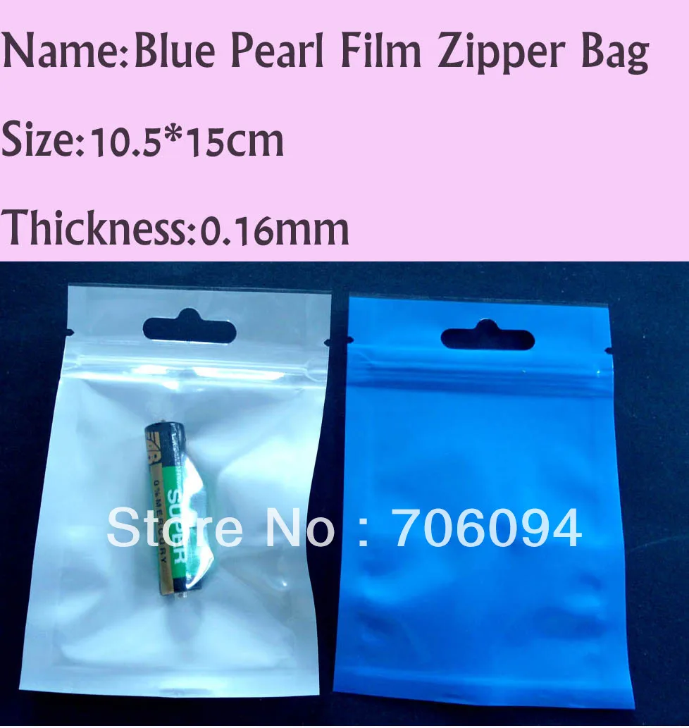 

300pcs 10.5*15cm Pearl Blue Zipper Plastic bag with Butterfly hole/euro hole,Pearl film Plastic bag,Zipper Package Bag