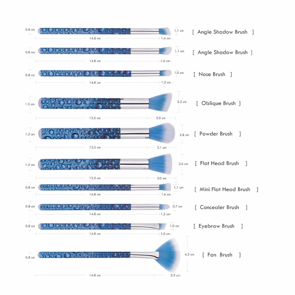 Профессиональный макияж brochas 10 шт. синие капли воды основа порошок красота макияж кисти супер мягкий набор кистей