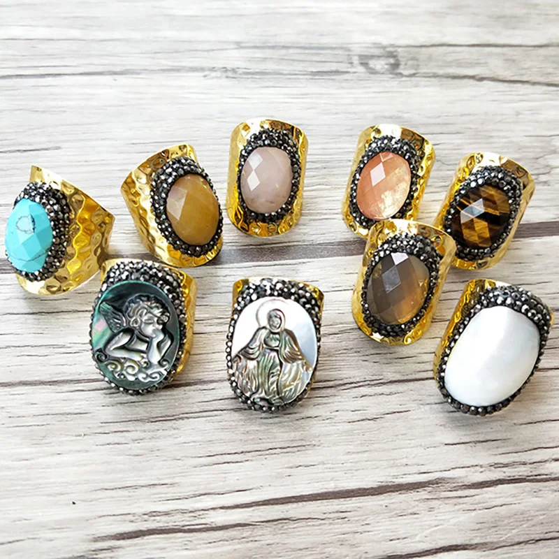 5 pcs Gold color jewelry Virgin Mary shell rings Natural stone cuff Pave Crystal Rhinestone Jewelry Finger Druzy R187 | Украшения и