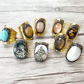 

5 pcs Gold color jewelry Virgin Mary shell rings,Natural stone cuff rings,Pave Crystal Rhinestone Jewelry Finger Druzy R187