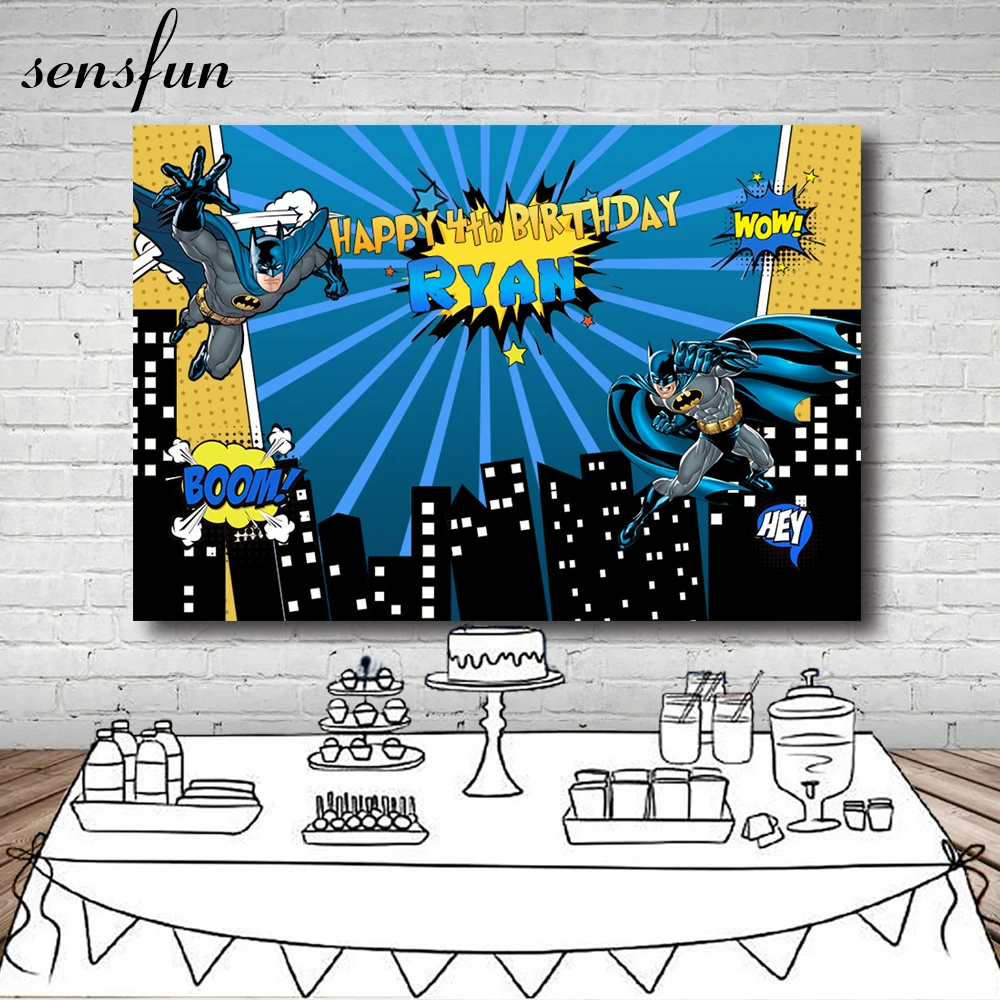 

Sensfun Superhero Party Photography Backdrop For Boys Blue Building Happy Birthday Backgrounds For Photo Studio 7x5FT Vinyl
