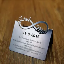 Серебристые, лазерные закрученная форма, металлическая Свадебная пригласительная карта, индивидуальное обслуживание по заказу, 100 шт./партия, by901