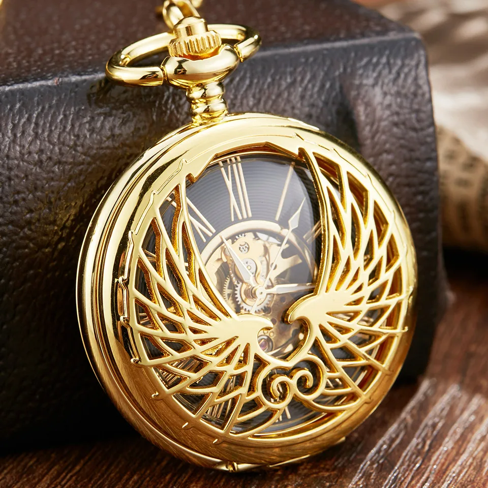 

Luxury Golden Love Wings Mechanical Pocket Watch Men Women Fob Chain Unique Hollow Design Skeleton Double Side Hand Wind Watches