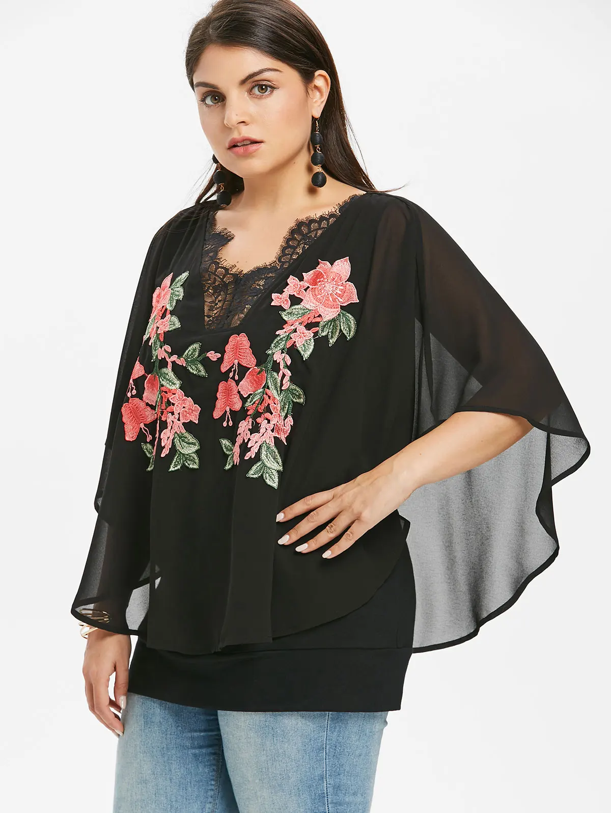 Wipalo Plus Size 5XL Embroidery V Neck Overlay Cape Blouse Women Summer Chiffon 3/4 Sleeve Ladies Tops Casual Clothing|Блузки| |