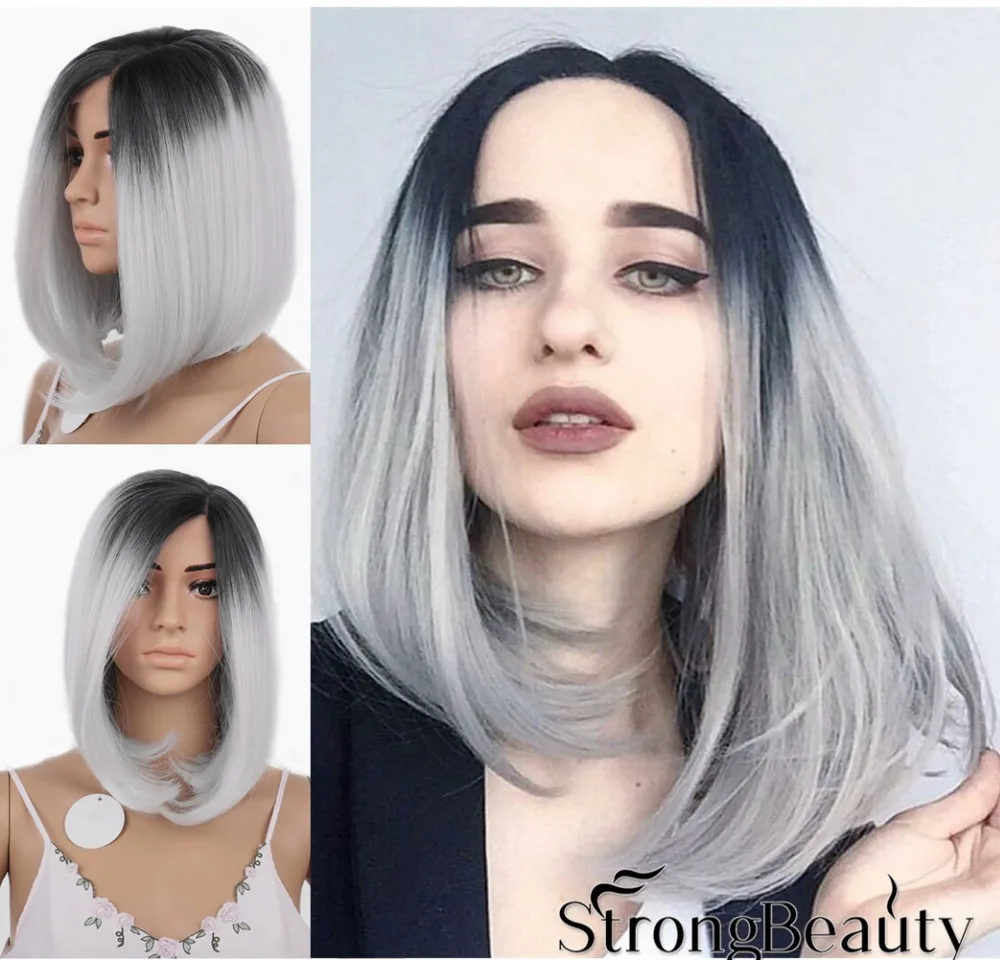 Ombre Wig Lace Front Silver Grey With Dark Root Medium Bob