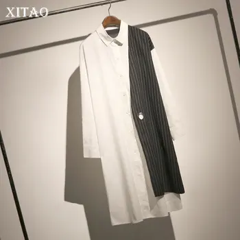 

XITAO Striped Pleated Women Blouse Summer 2019 Turn Down Collar Patchwork Single Breasted Wild Joker Elegant Korea CXB1320