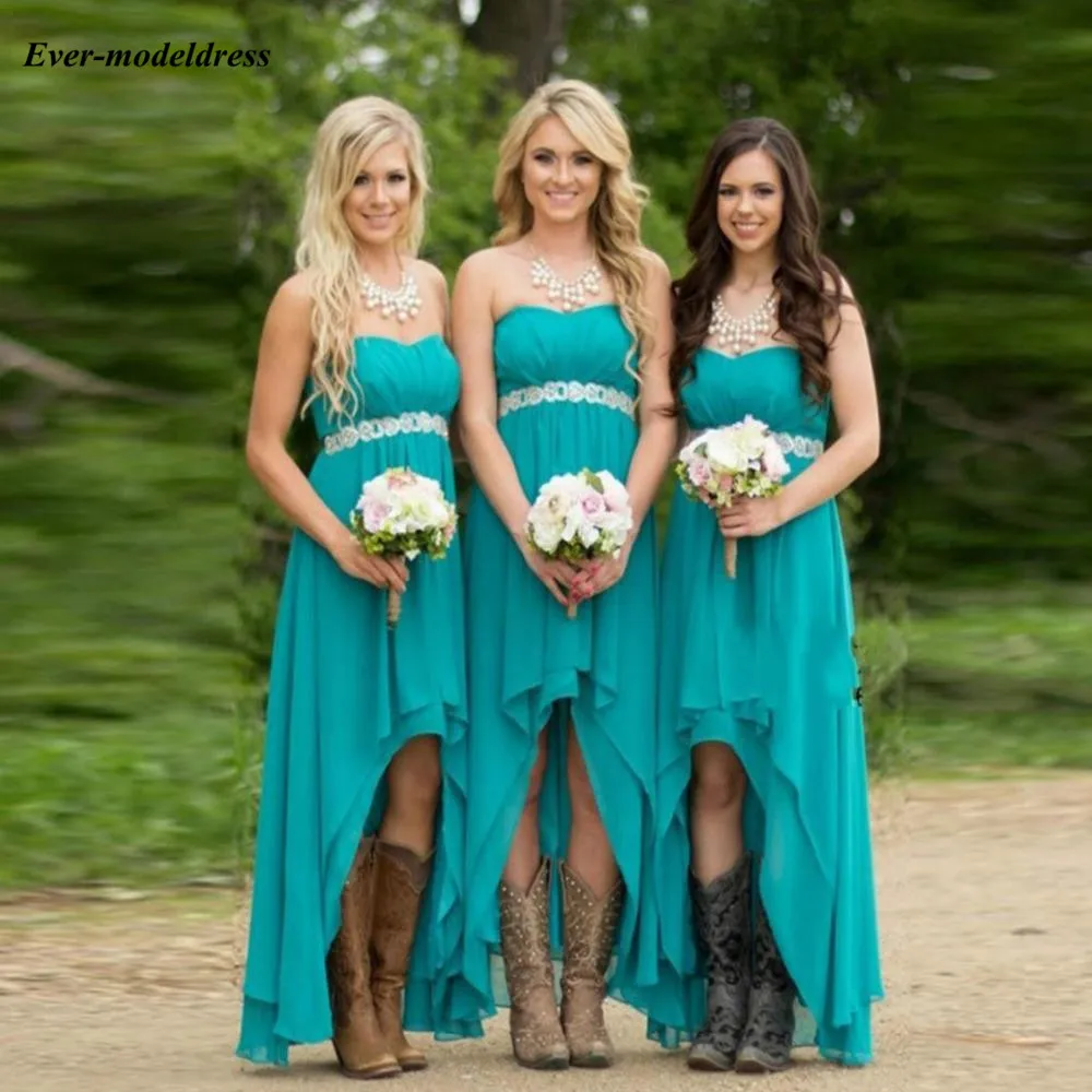 Hi-Lo Chiffon Bridesmaid Dresses Strapless Evening Party Prom Gowns Custom Made