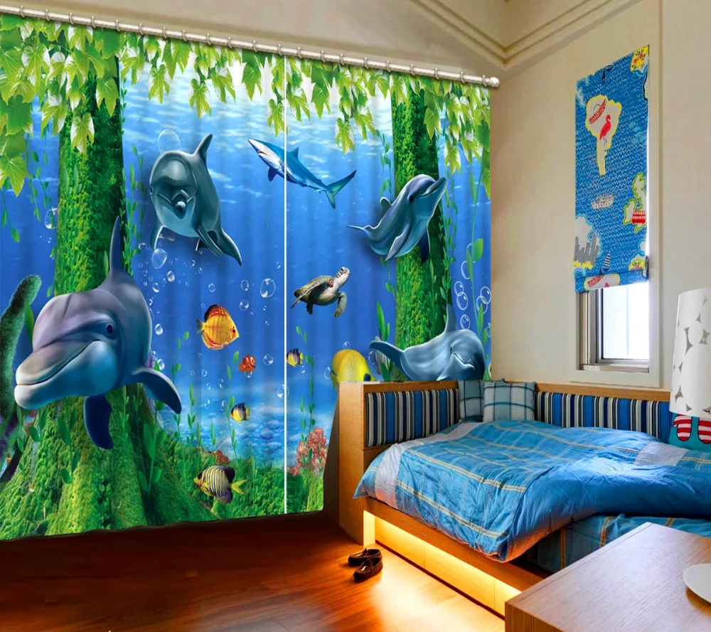 

European 3D Curtains angel design Curtains For Living Room Bedroom dolphin curtains blue curtain