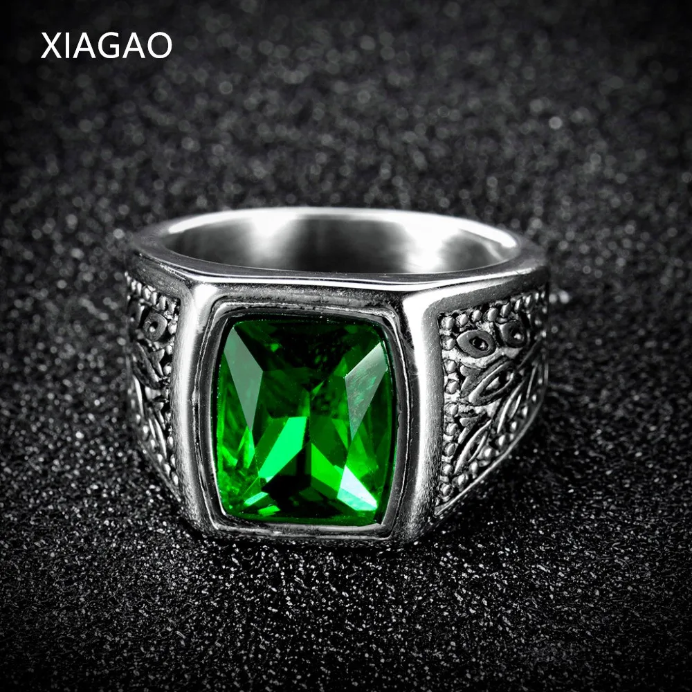 XIAGAO Gift 2 Color Red Green Square Stone Titanium Ring for Man 316L Stainless Steel Unique Fashion Male's Cross Ring for Boy