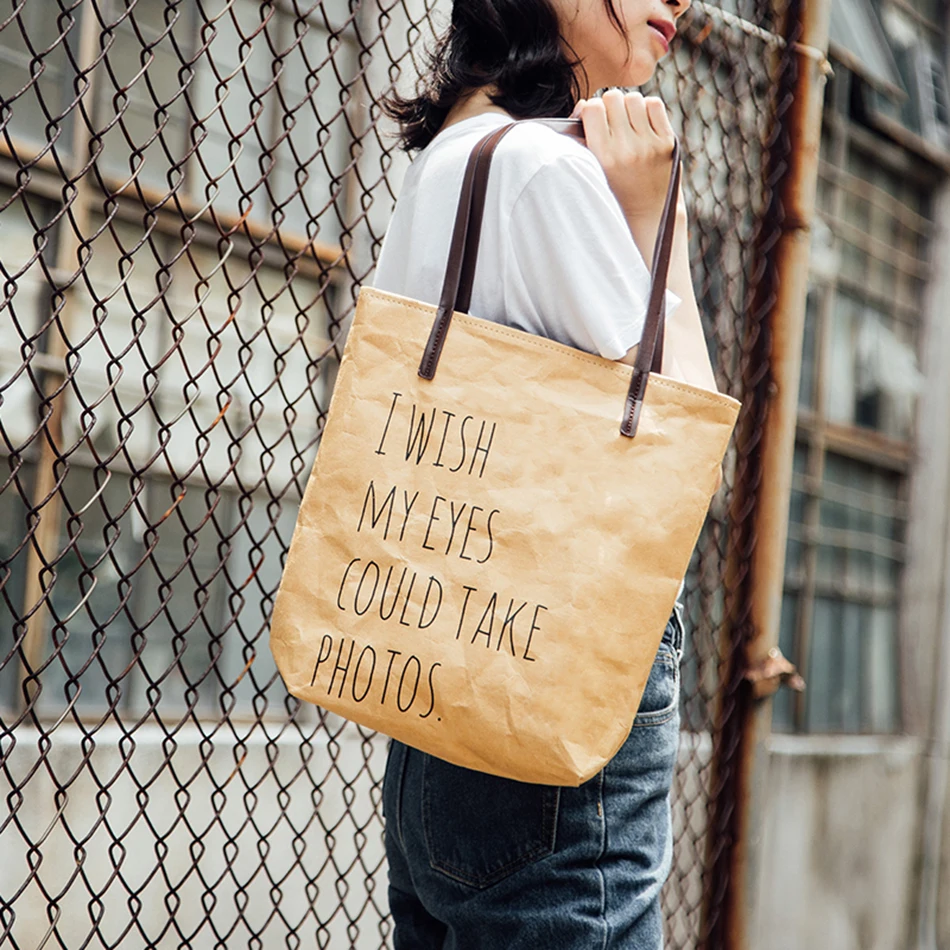 

SUNNY BEACH Kraft Paper Bag Canvas Single Shoulder Bag Simple Alphabet Handbag Waterproof Kraft Paper Bag Casual Tote Bag