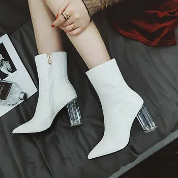 

Women Boots Sexy Sequined Cloth Ankle Boots Thick High Heels Fashion Zipper Pointed Toe Boots Autumn Winter Woman Shoes 2018