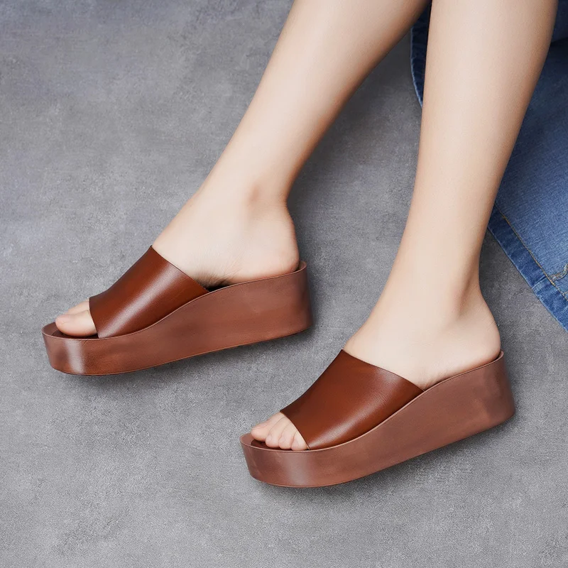 

JELLYFOND Women Slippers Peep Toe Platform Shoes Genuine Leather High Heel Wedge Slippers Slides Sandal Lady Summer Shoes Woman