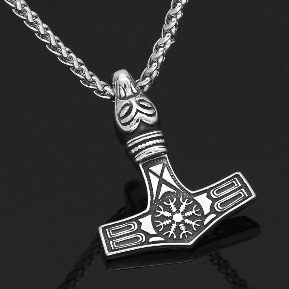 

stainless steel thor hammer Mjolnir Vegvisir wolf head pendant necklace