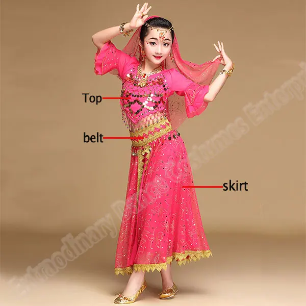 Болливуд танцевальные костюмы набор детей Индийский танец живота девушки представление(головные уборы вуаль Топ Пояс юбка ожерелье серьги - Цвет: Fuchisa-3pcs