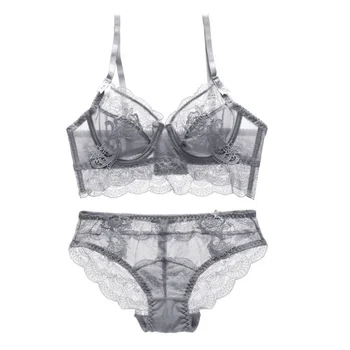 

Women Underwear Set Sexy Lingerie Lace Solid Color Hanging Neck Front Buckle Gathered Beautiful Bra Set