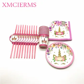 

Pink Unicorn Theme Design 80Pcs/Lot Paper Tableware Set Cup Plate Napkin Wedding Girl Birthday Party Straw Decoration Supply