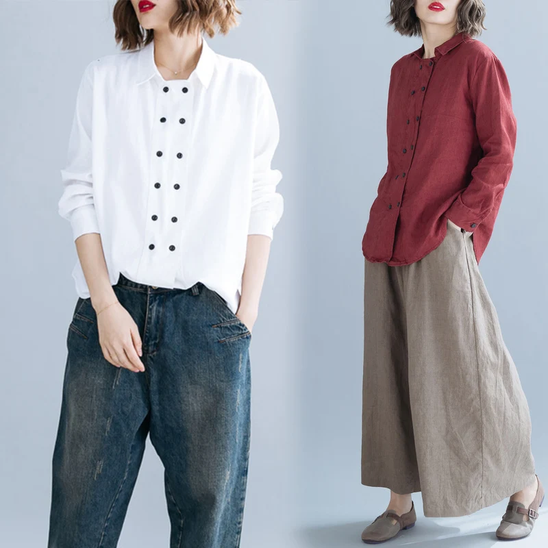 

BIG SIZE 4XL Spring Autumn Women Fashion Elegant Doulbe Button Tops Ladies Female Large Long Sleeve Cotton Linen Blouse Shirt
