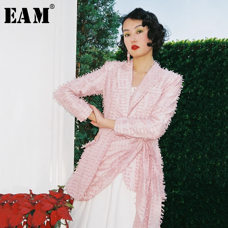 

[EAM] 2019 New Autumn Winter Turn-down Collar Long Sleeve Tassels Irregular Bandage Pleated Jacket Women Coat Fashion JY065