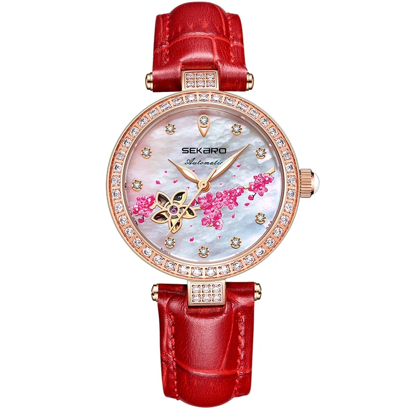 Sekaro, женские автоматические часы, цветочный дизайн, часы, женские механические наручные часы, Топ бренд, роскошные женские часы, Relogio Feminino - Цвет: Red