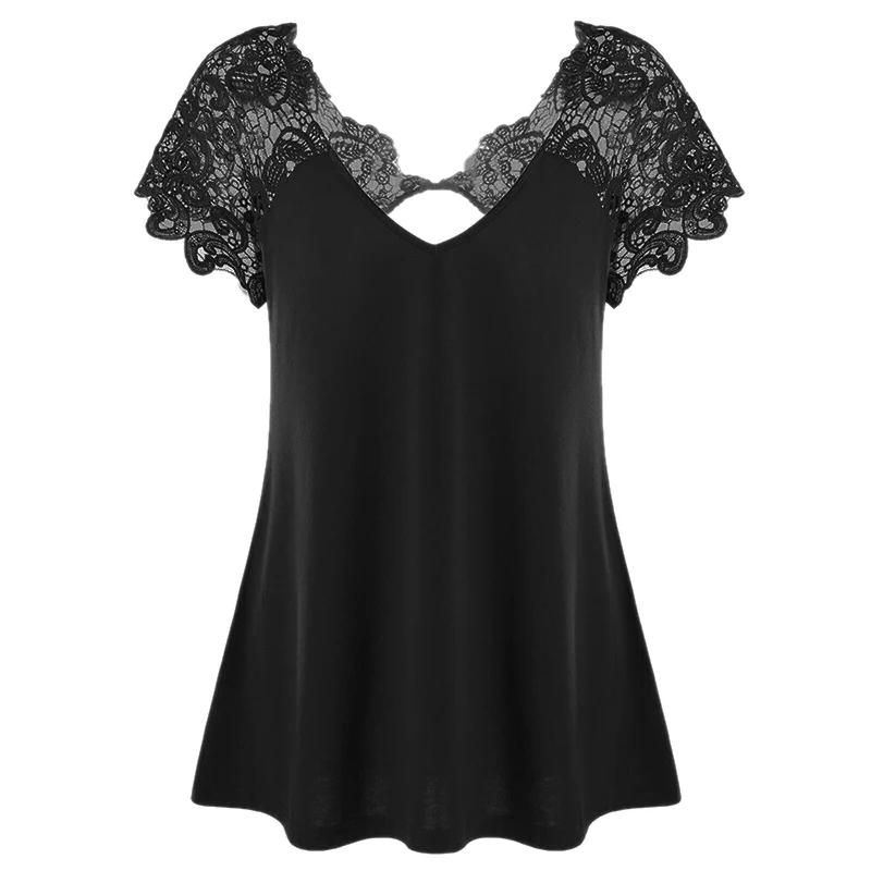 Women's Blouse 2019 Summer Oversized Short Sleeve Loose Shirt Ladies V-Neck Lace Patchwork Casual Tops Tunic Shirt Femme Blusas