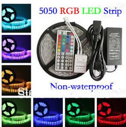 cheap RGB Led Strip 5050 Flexible LED Light 5M 300leds SMD + 44 Key Remote Controller + 12V 5A Power Adapter Transformer Free Shipping