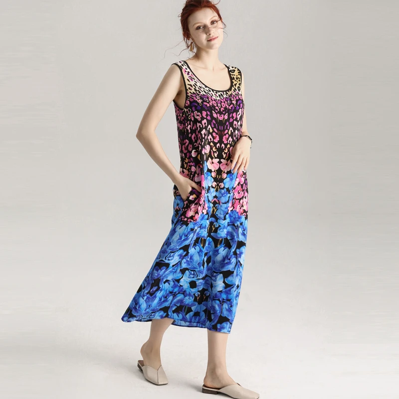 

Summer Pure Silk Pockets Tank Dress 100% Mulberry Silk Women Long One-piece Print Dresses M L FREE SHIPPING
