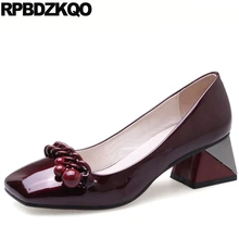 Patent Leather Chunky Pink Metal Pearl S Square Toes Wine Red Pumps