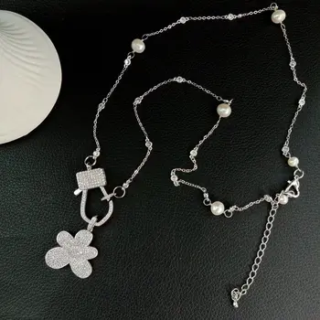 

26" White Pearl Clear Crystal Chain Necklace CZ Flower Pendant