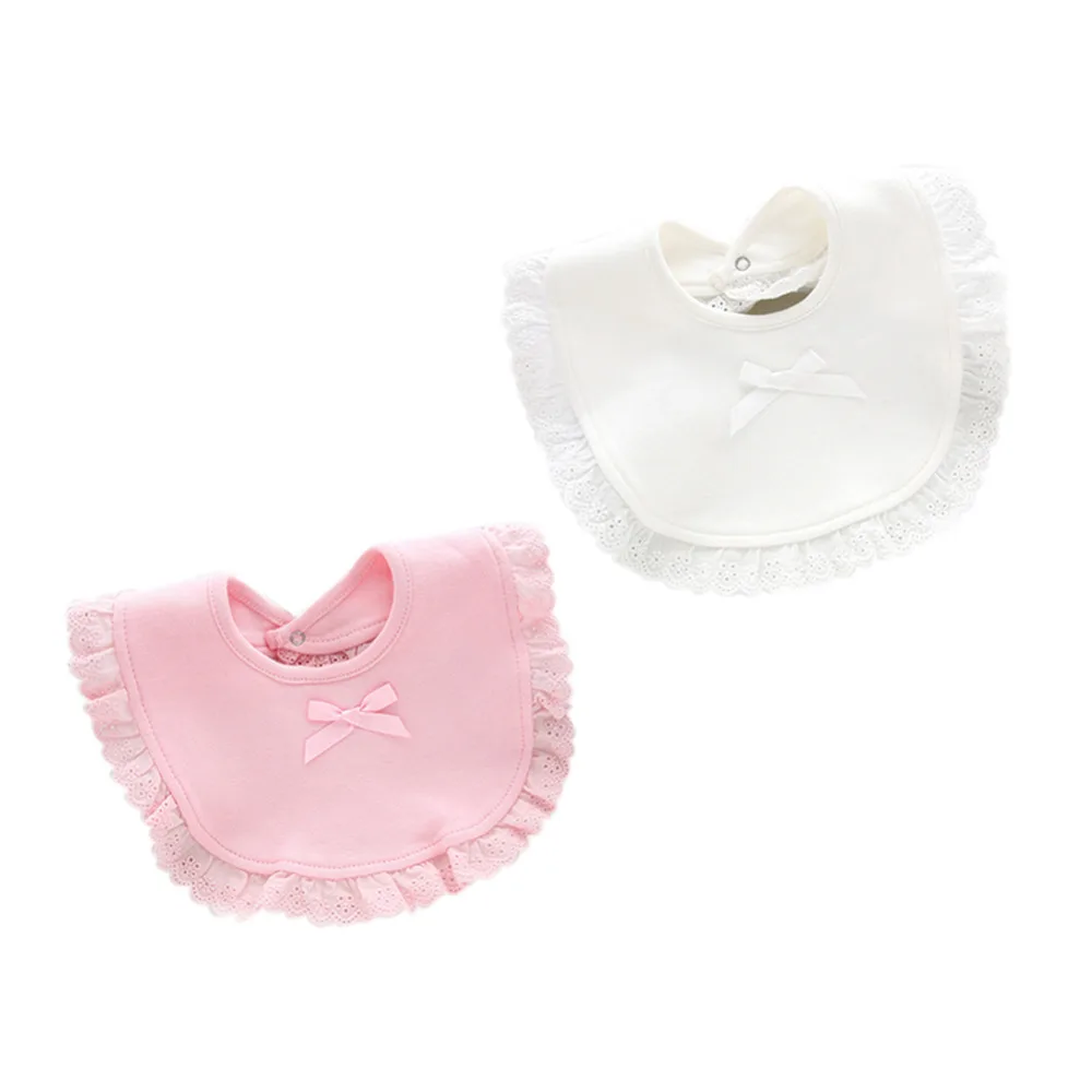 New Cotton Baby Girl Lace Bow Bib Button Infant Pink White Baby