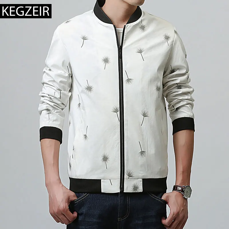 

KEGZEIR Men Clothing 2019 White Print Jacket Men Casual Fashion Slim Bomber Coat Men Zipper Mens Autumn Jacket Blouson Homme