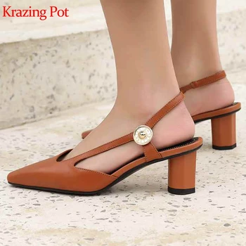 

Krazing Pot hot selling genuine leather elastic band high heel streetwear metal fasteners slingback pointed toe summer pumps L04