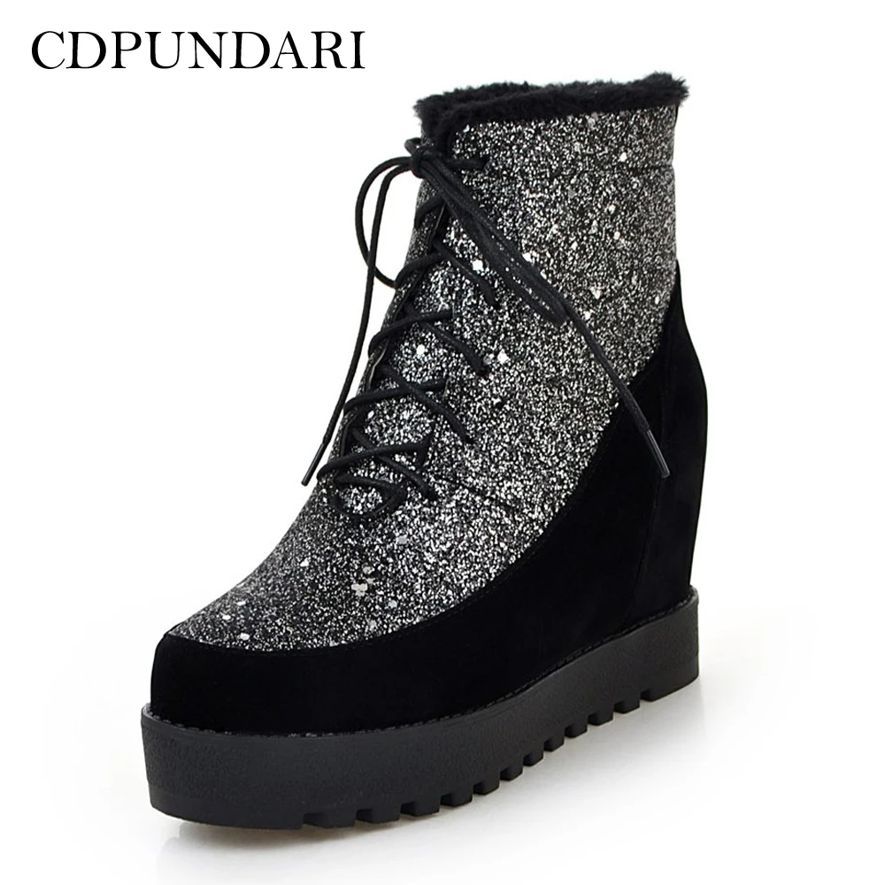 

CDPUNDARI Lace Up High heel Ankle boots for women Platform Wedges boots Ladies Winter shoes woman