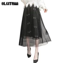 Весна/Лето плиссированные юбки для Для женщин средней длины фея юбка сетки кружева Бисер юбка тонкий 4 цвета юбки для женский SK146