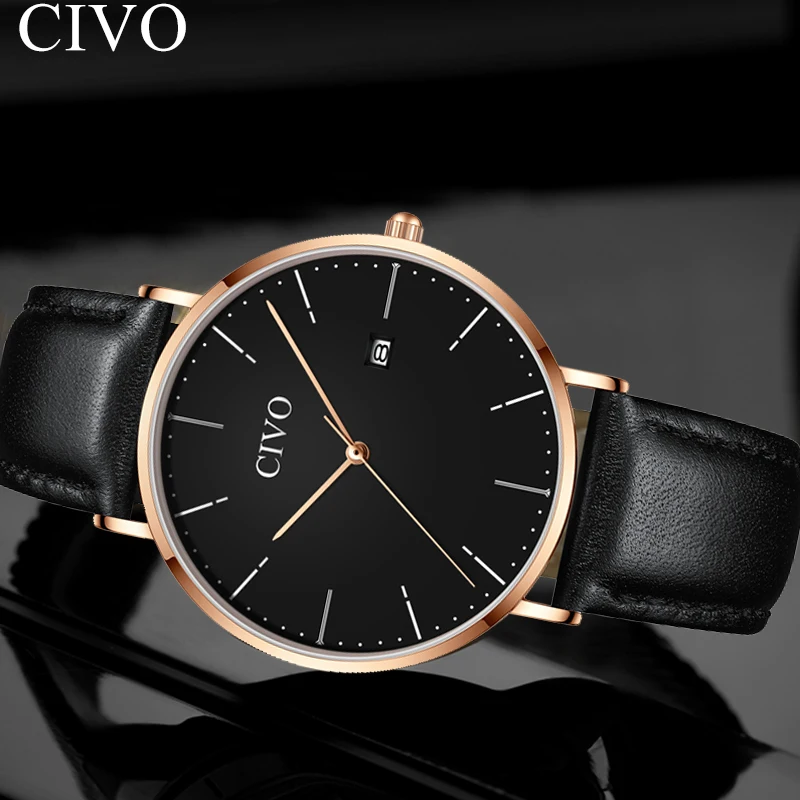 

CIVO 2019 New Simple Men Watches Black Quartz Clock Genuine Leather Wristwatch Waterproof Fashion Watch Relogios Masculino