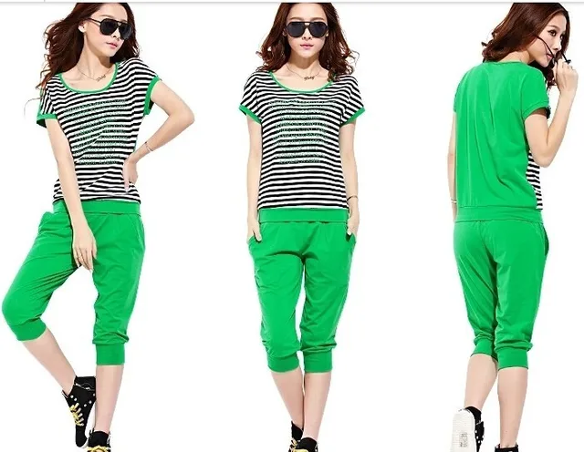 One Set Slim Sportswear  For Lady Summer Woman  Short Sleeve with Pants