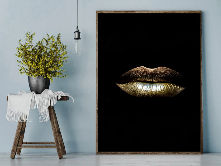 Modern Pictures Black White Sexy Charming Woman Gold Lips Canvas Painting Wall Art For Living Room Home Decor Posters and Prints