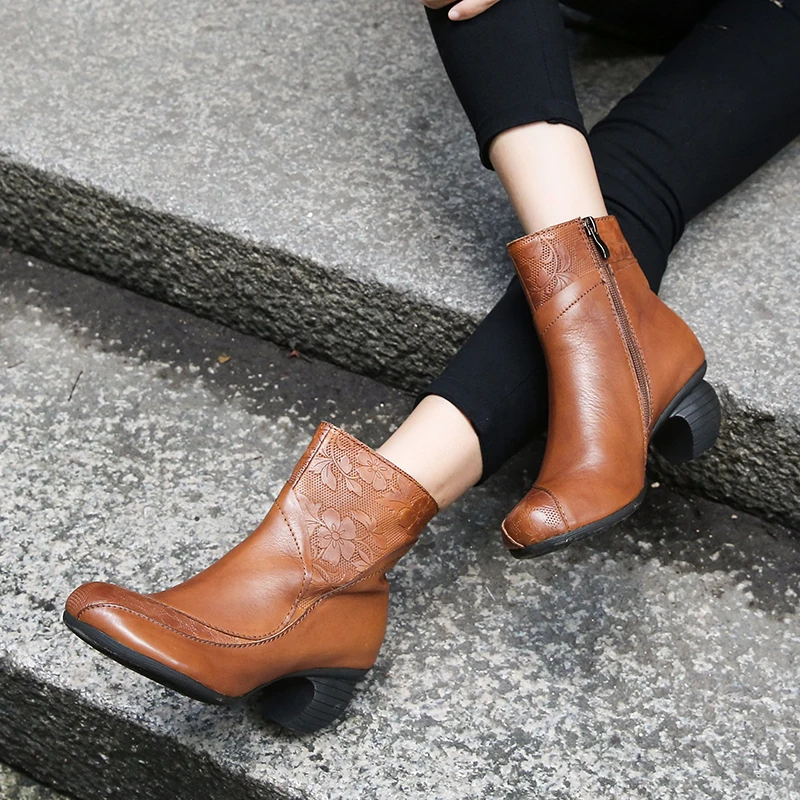 

Round Toe Leather Women Short Boots 2018 Real Leather Lady High Heel Ankle Booties Fretwork Floral Female Shoes Vintage Style
