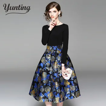 

Spring Winter office lady elegant stitching dress o-neck collar slim sexy party dress princess dress temperament women
