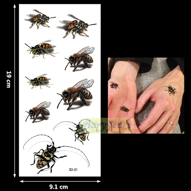 Новинка, 1 шт., модная женская и мужская водонепроницаемая временная татуировка, съемная имитация, яркое боди-арт, 3D-21, летающее насекомое, таракан, пчела, Хэллоуин