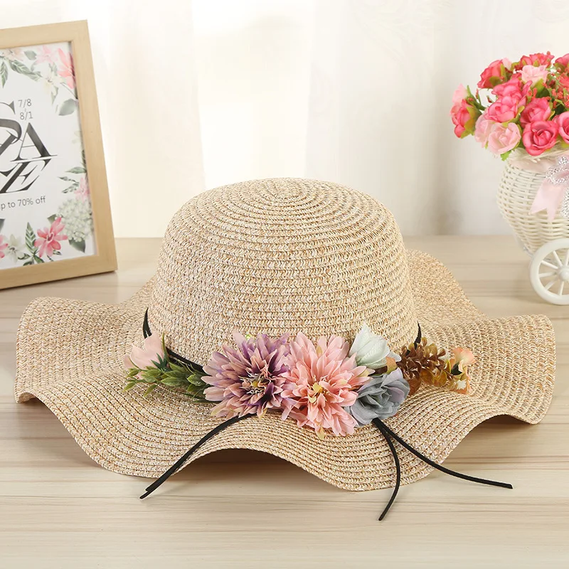 Myelo Summer Wave Flower Wreath Sun Hats For Women Big Wide Brim Weave