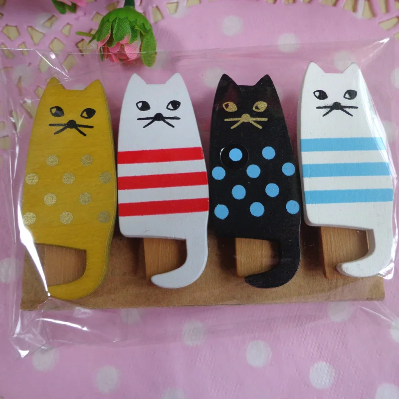 

24x15x L58mm Japan Style Lovely Wooden Cat Clip Set, Cute Cat Bag Clip, 4 Designs in 1 set, For Party Deco
