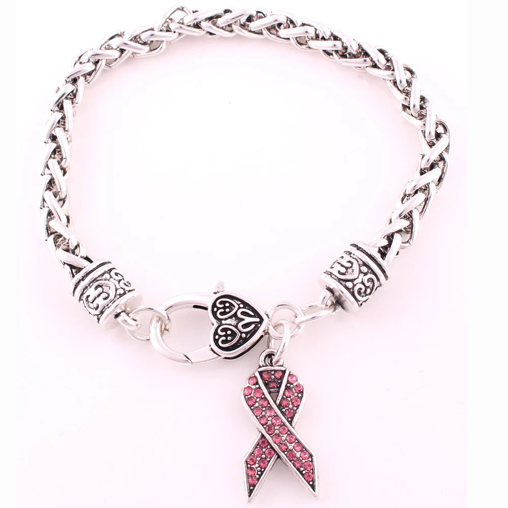 Antique Silver Tone Breast Cancer Awareness Pink Ribbon Charm Lobster