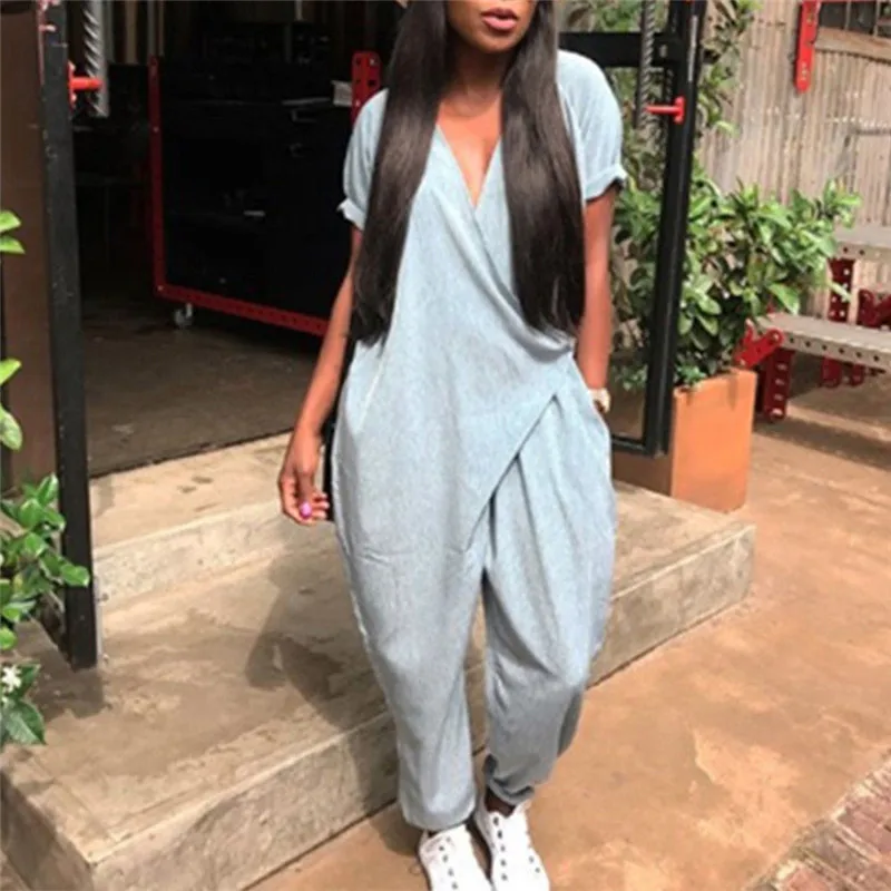 

Office Ladies Summer Fashion Solid Color V-neck Bodysuit Women Loose Short Sleeve Harem Pants Jumpsuit Romper With Pockets