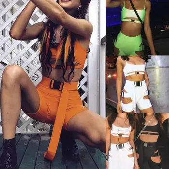 

Women 2 piece Playsuit Bodysuit Romper Set Sleeveless Crop Top Tank+ Shorts