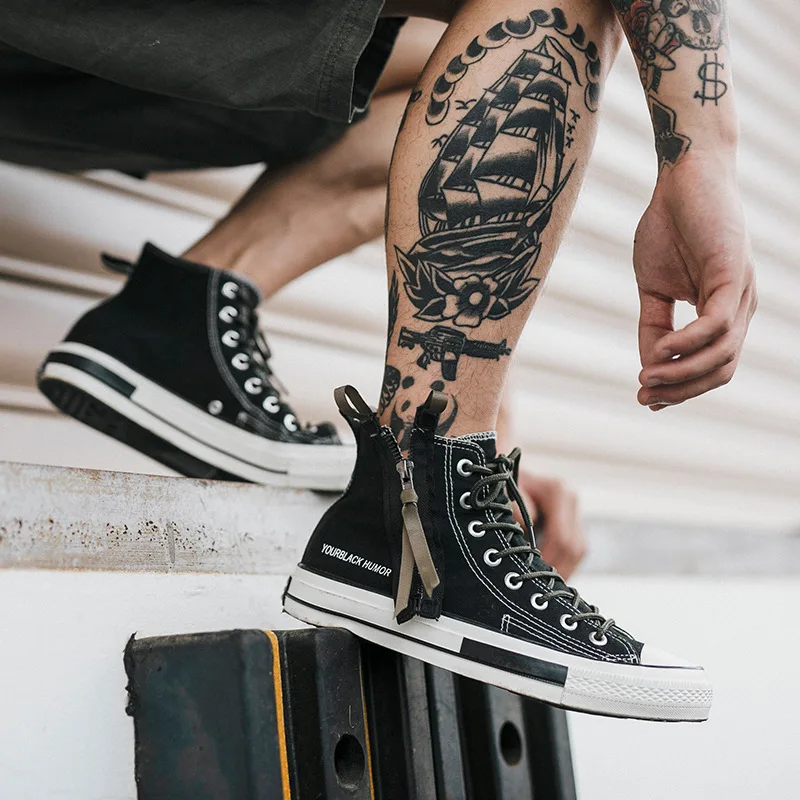 Skup Męskie wysokie buty płócienne sznurowane trampki buty na codzień unisex z boczny zamek błyskawiczny klasyczny styl Retro czarny wysokiej jakości kobieta