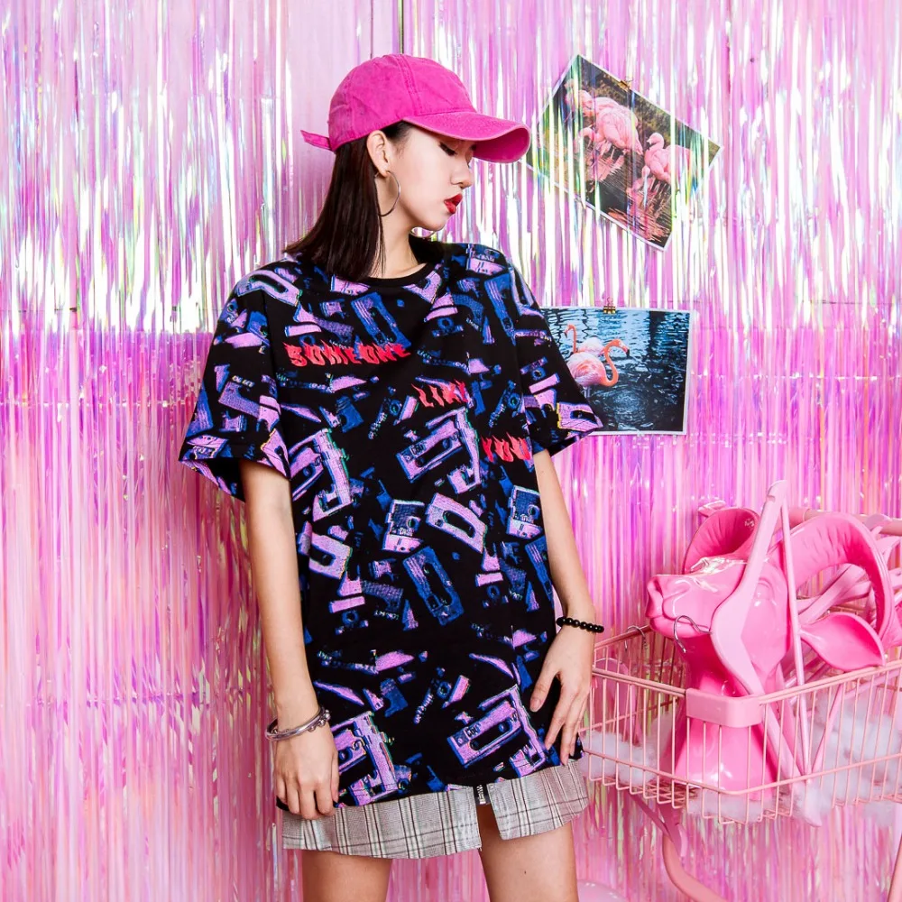 

Jasmine summer hip-hop tide card BF full of retro tapes, hit color loose men and women can wear short sleeved T-shirt tees